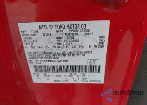 2009 Ford F-150 Stx/Xl/Xlt из США, поврежденный, VIN 1FTRX14849FA21565